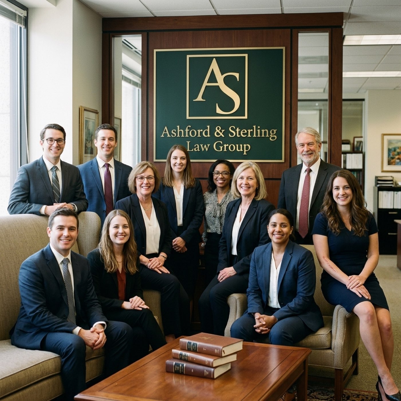 The attorneys of Ashford & Sterling Law Group, photographed in the firm's main conference room beneath the firm's monogram.